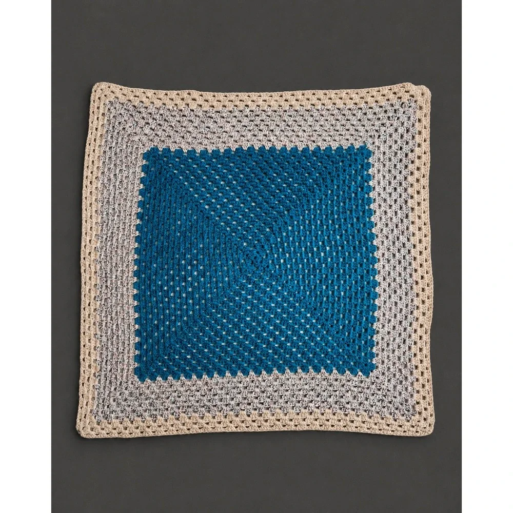 Handmade Crochet Baby Blanket 39x39 Teal Blue Cream Granny Square Afghan Throw